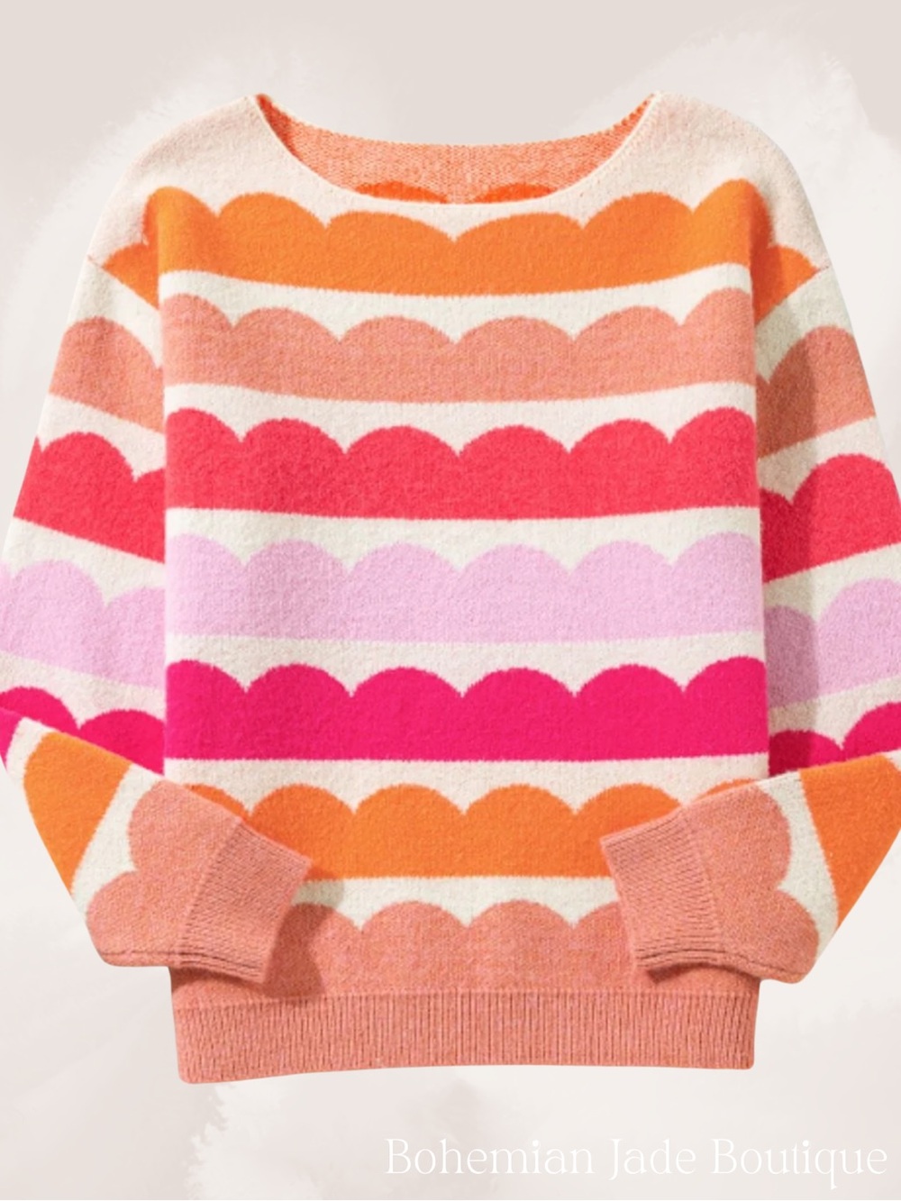 Colorful Scallop Stripe Balloon Sleeve Sweater Pink Orange Women’s Small
